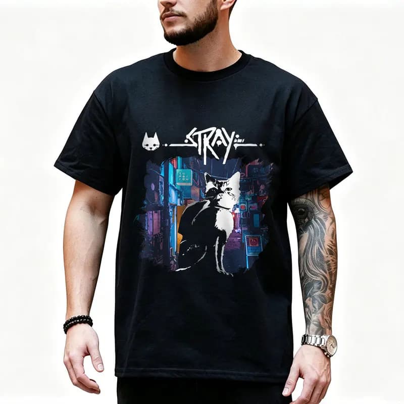 Stray Video Game Cat Graphic T‑Shirt O‑Neck Short Sleeve Unisex Tees Cyberpunk Stray Cat Print Casual Streetwear For Gamer Fans