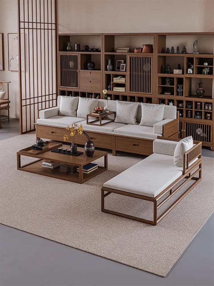 LMM solid wood storage sofa drawer straight row Arhat bed chaise longue Song-style aesthetics