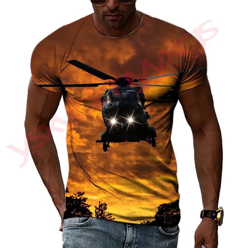 Men's 3D Print Helicopter Rescue Picture T-Shirt Hip Hop round Neck Short Sleeve Top for Summer Leisure
