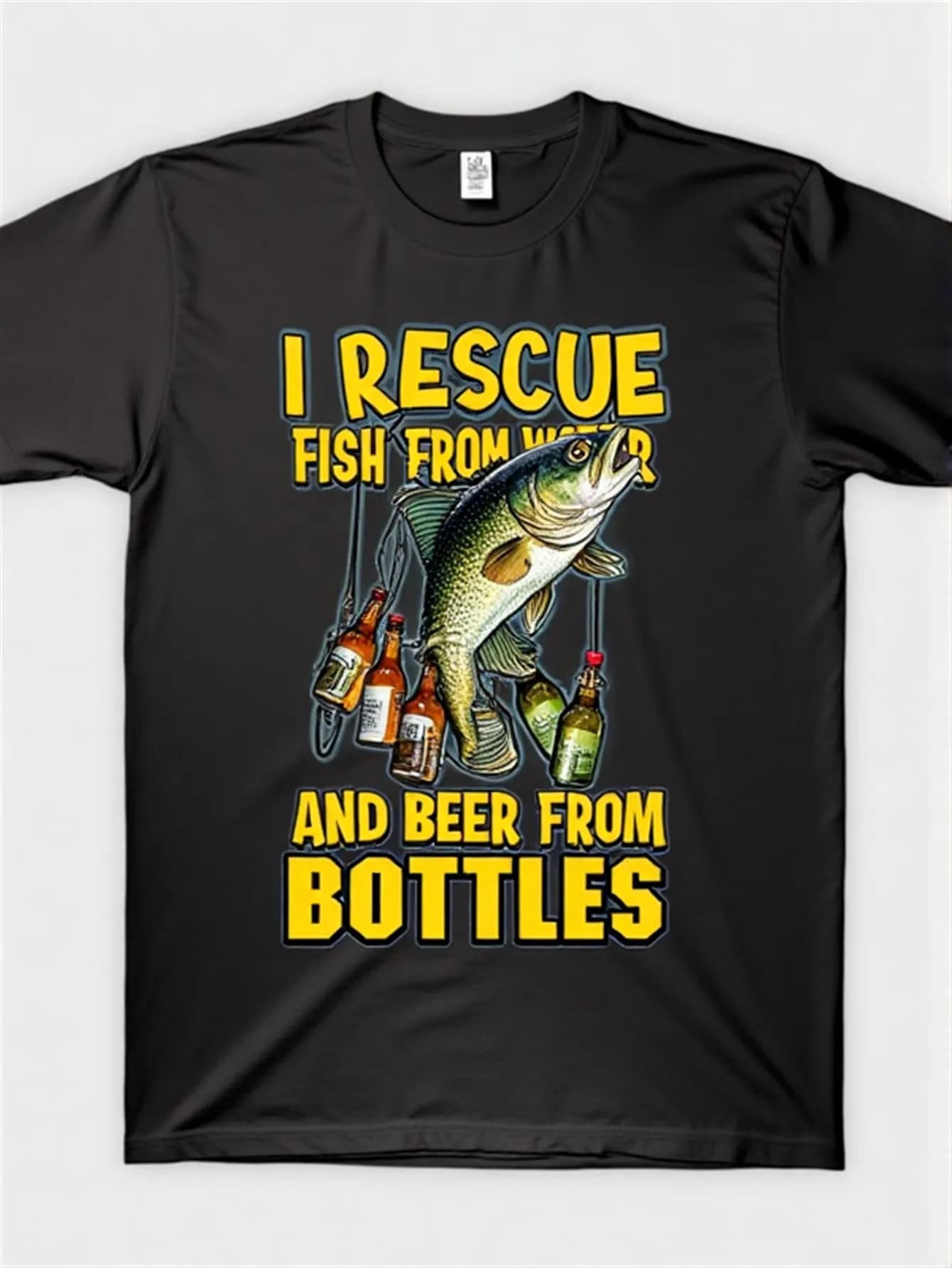 Funny Fishing & Beer Rescue Graphic T-Shirt 100% Cotton O-Neck Short Sleeve Summer Casual Mens T-shirt Streetwear