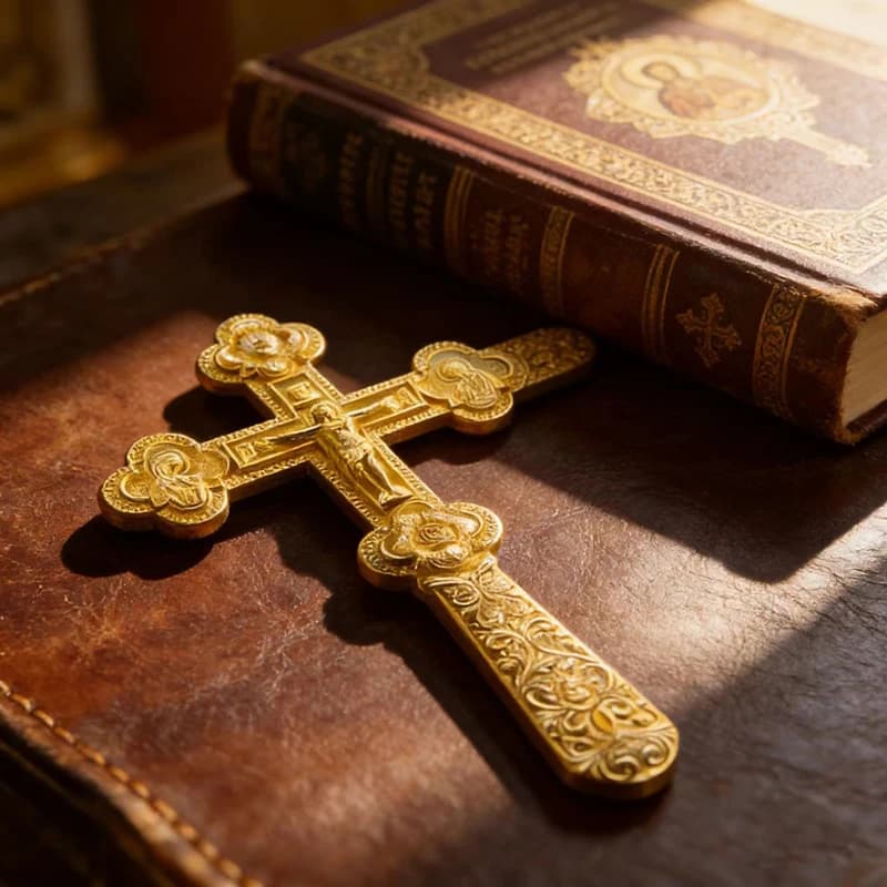 HTISOK New Elegant Gold-Tone Orthodox Hand Cross with Floral Engravings for Church Services and Personal Spiritual Protection