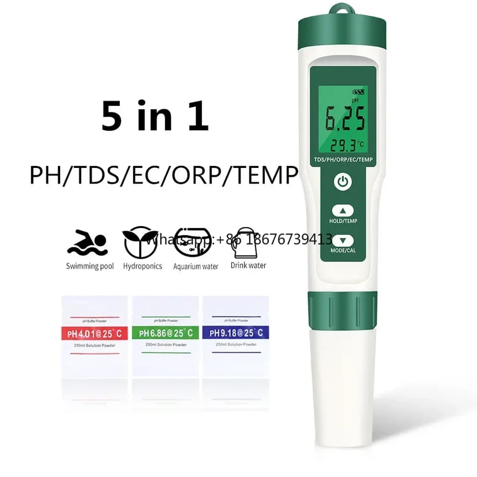 5 in 1 TDS EC PH ORP Temperature Meter Portable Water Quality Tester Pen 183x37mm for Drinking Water Pools Aquariums
