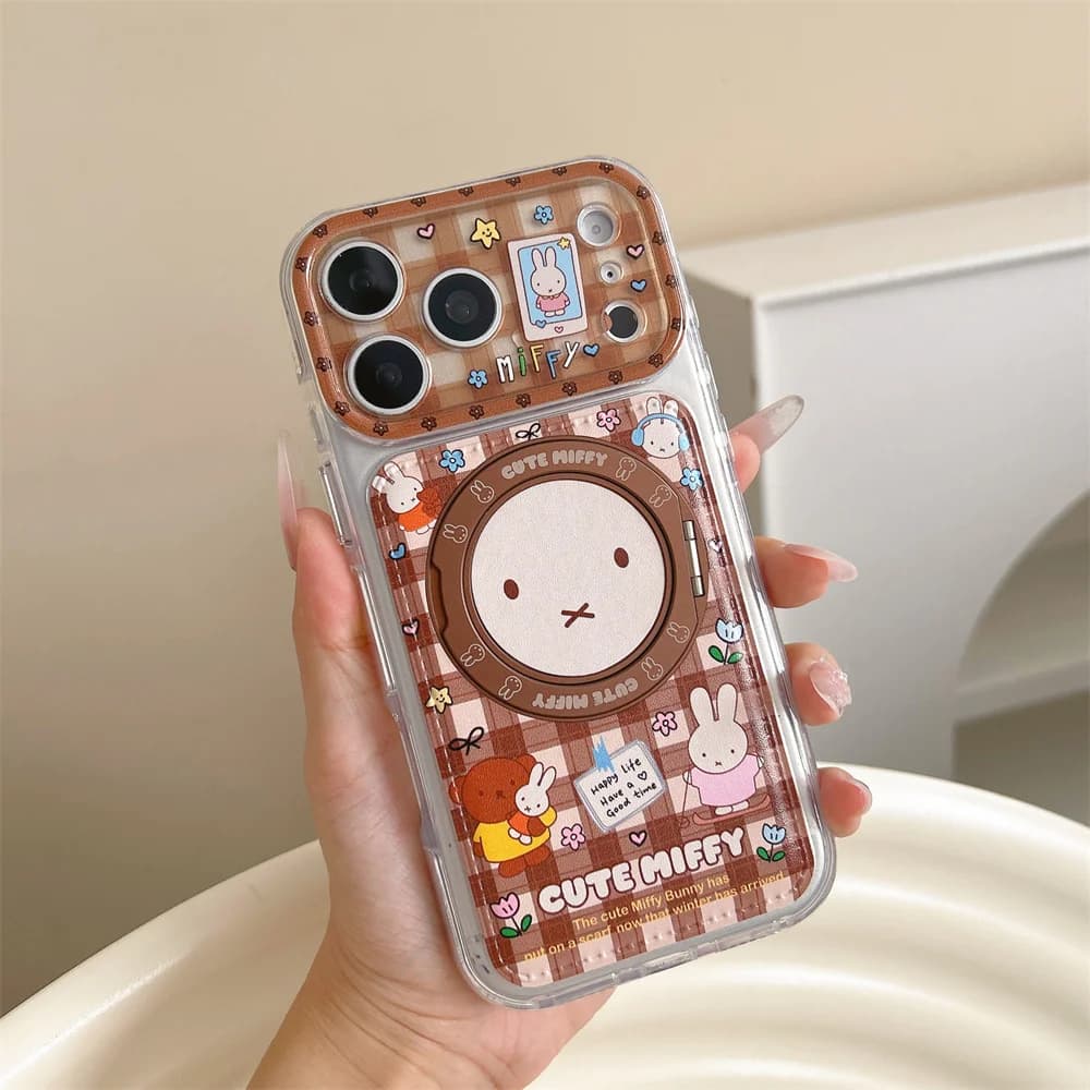 Korea Fashion Ins miffy check 360° Magnetic Phone Case For iPhone 18 Pro 15 16 17 Pro Max Cover Shockproof Cute Cases 18promax