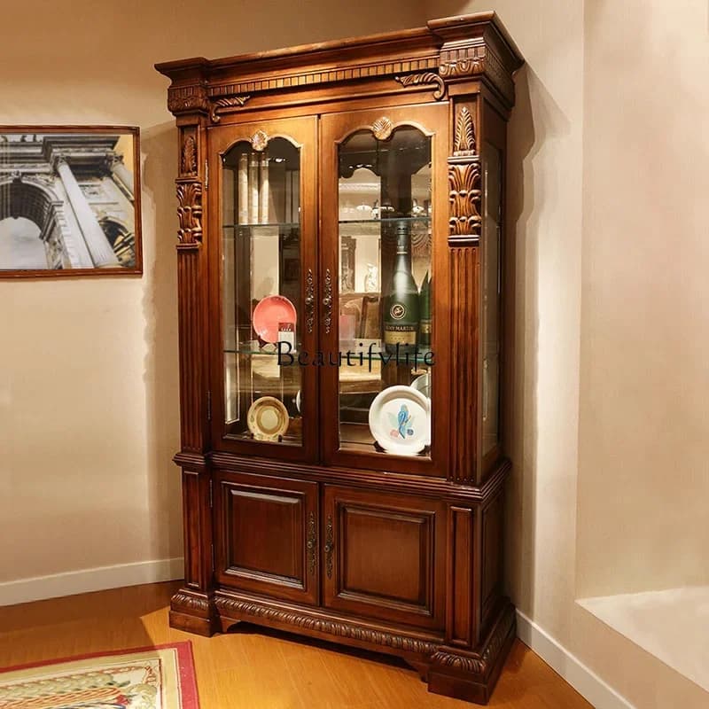 02American solid wood double-door wine cabinet household living room wall glass display cabinet decorative cabinet