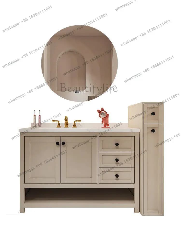 High-end custom American rock slab bathroom cabinet combination floor cabinet cream color
