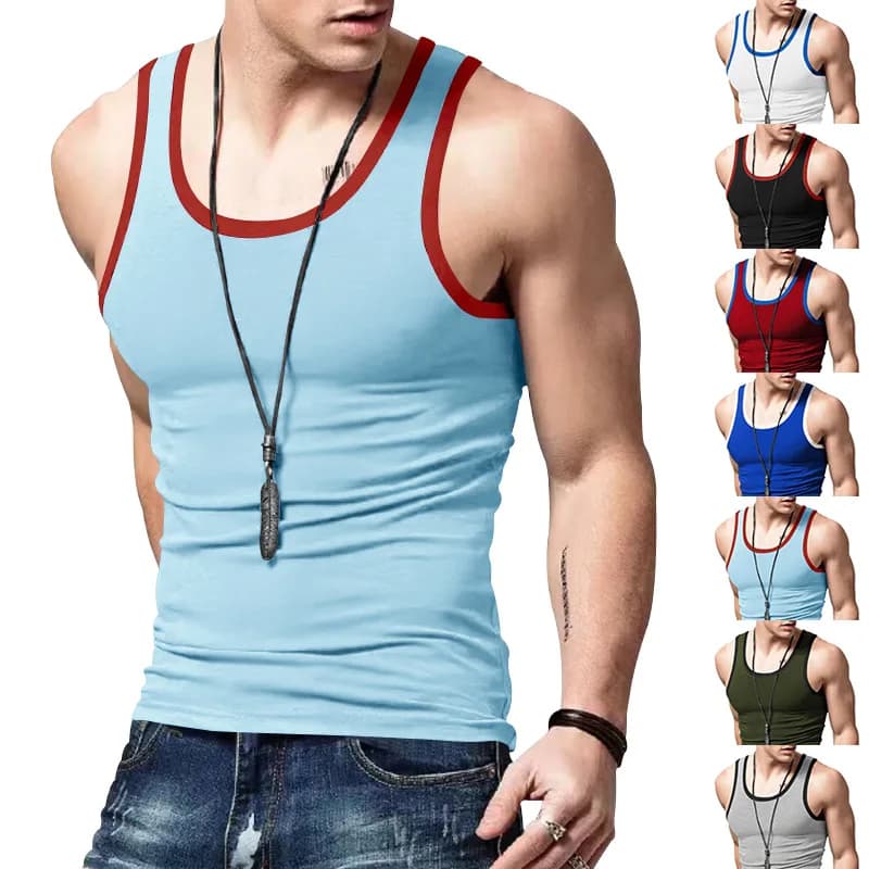 Mens Color Trim Sleeveless Muscle Tank U Neck Slim Fit Vest Breathable Summer Gym Workout Daily Casual Sport Undershirt Tops