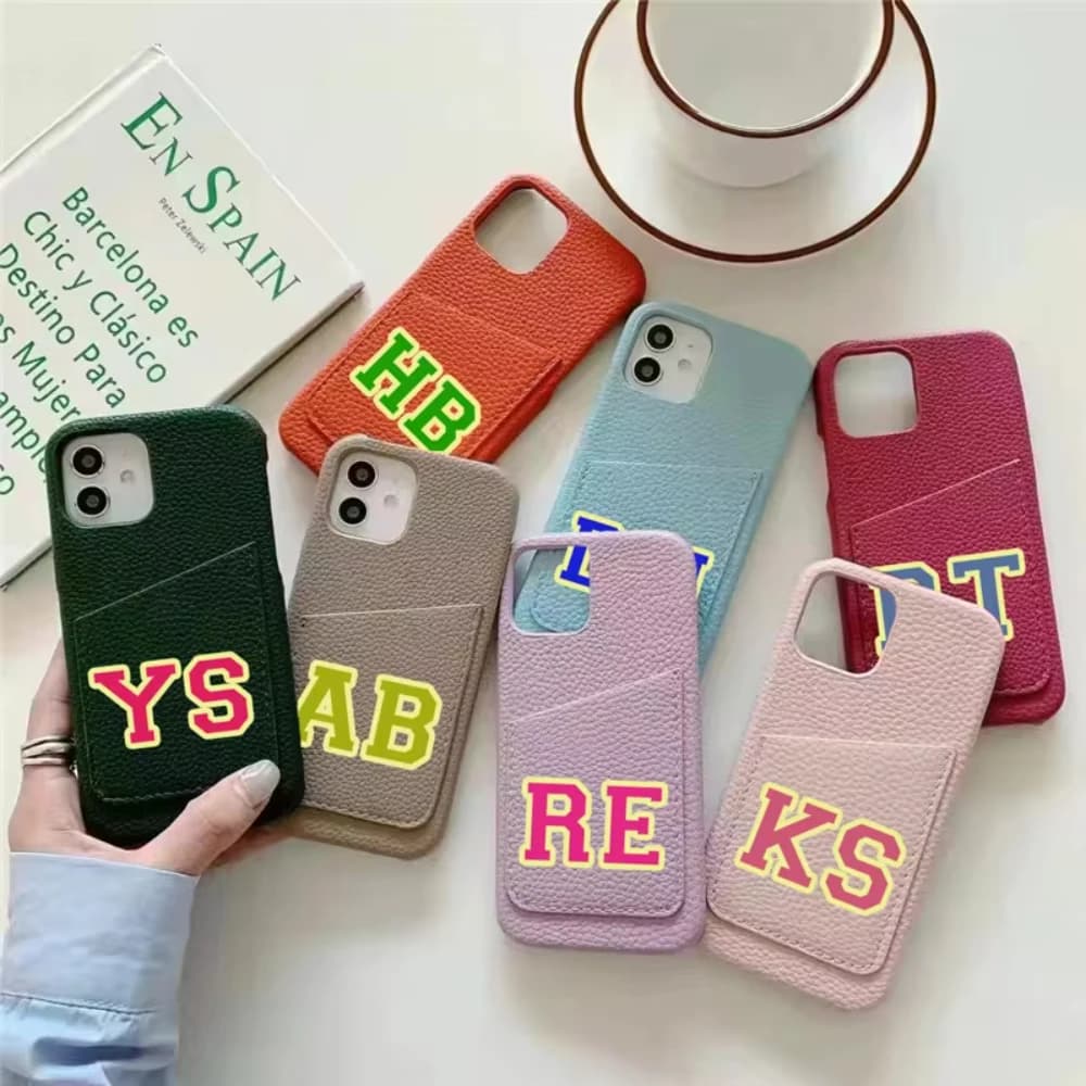 Customized Initial letter Leather Card Holder Case For iphone 18 16 15 14 13 Pro Max 12 11 Pro Max Luxury Hard Pebble PU Cover