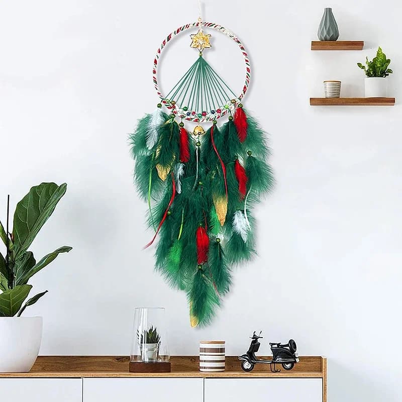 Dream Catcher Handmade Crystal Stone Green Feathers Wind Chimes Wall Pendants Bedroom Hanging Ornaments Christmas Festival Gifts