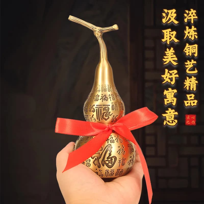 Brass gourd ornament, featuring a hundred blessings design, open-mouthed dragon head, hollow interior, suitable for decorating l