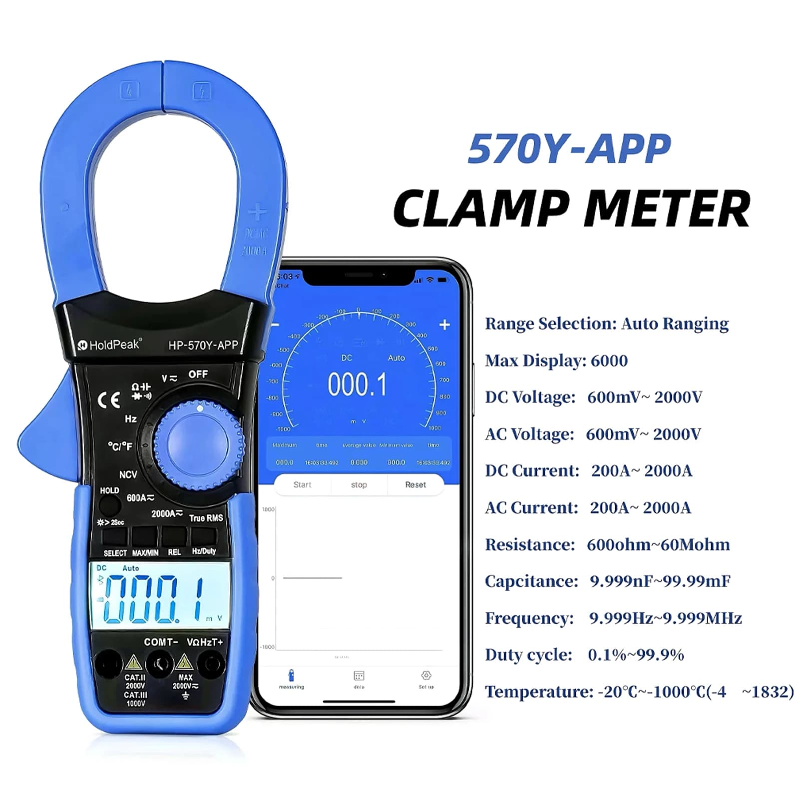 Clamp Digital Multimeter, AC/DC Voltage & Current Tester 2000A/ 2000V True RMS Meter HP-570Y-APP Connecting Cell Phone Bluetooth