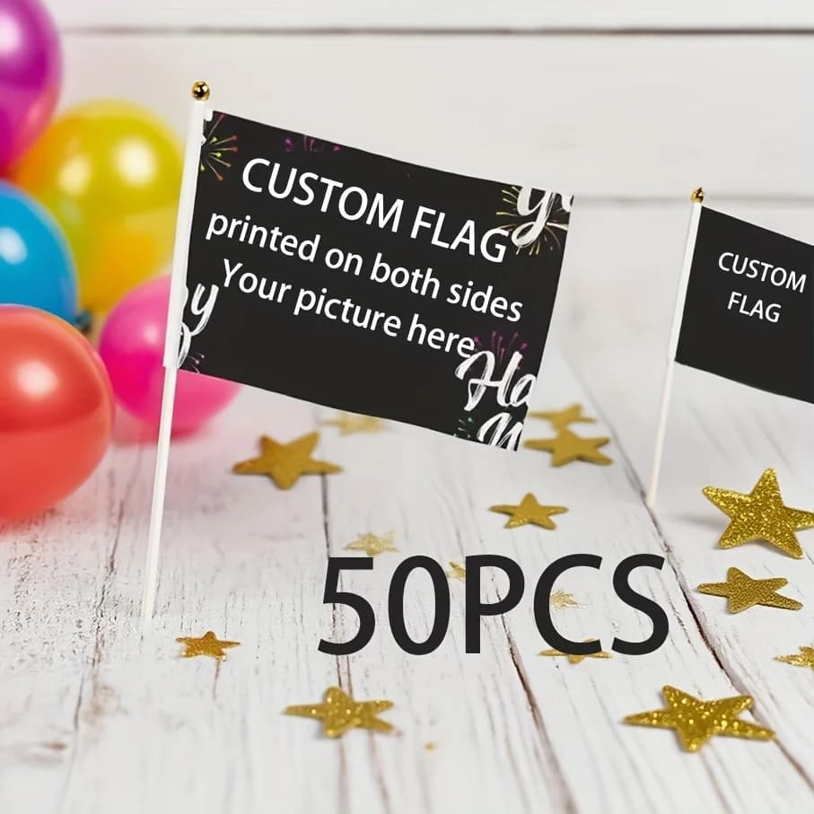 50pcs Custom Handheld Mini Flags, Customize with Your Photos, Patterns, Handheld Flags with Plastic Sticks, Polyester.