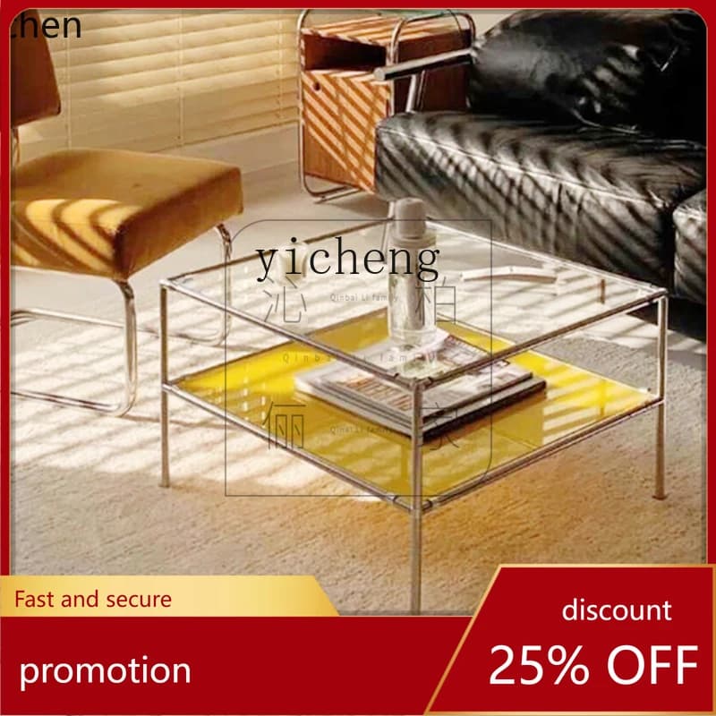 HXL Internet celebrity tea table small apartment personalized coffee table Nordic stainless steel double-layer design storage
