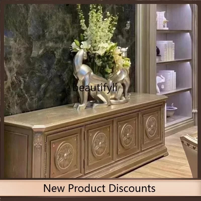 K185 Light Luxury Solid Wood Carved TV Cabinet Modern Minimalist Champagne Gold Living Room Floor Cabinet