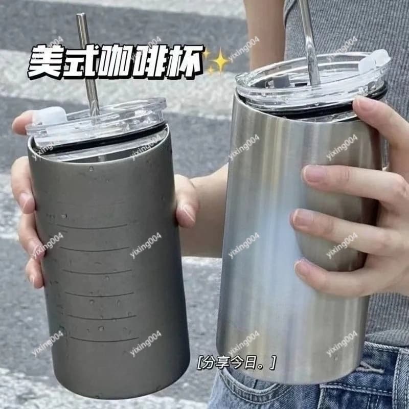 304 Stainless Steel Iced Americano Cup,  Portable Water Cup with Straw for Office