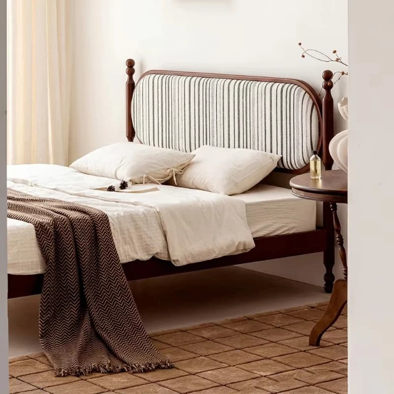 Traditional solid wood soft bed frame with upholstered striped fabric headboard,comfortable and durable,suitable for retro style