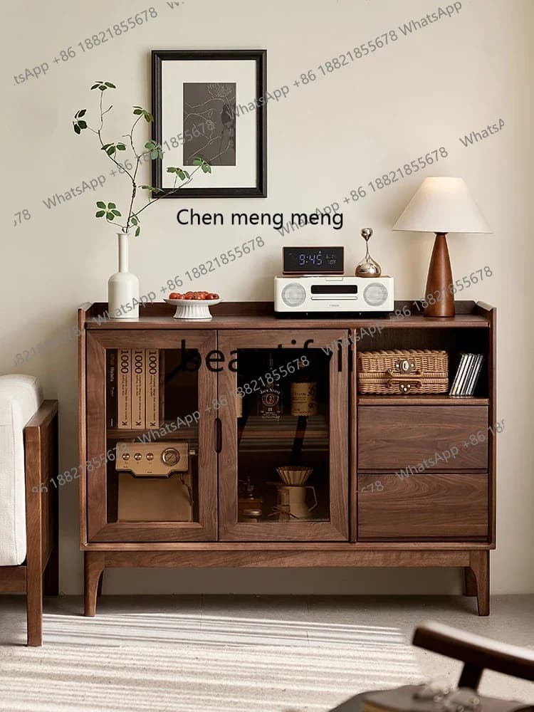 M178 North American black walnut side cabinet Nordic simple solid wood glass door locker household