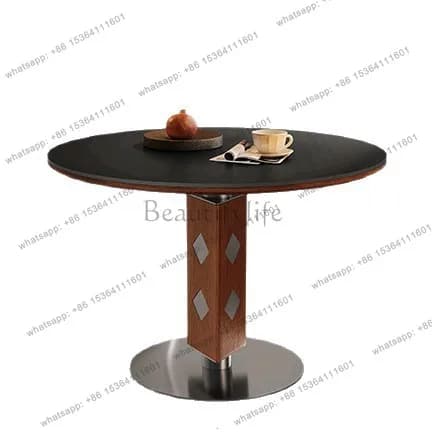 Medieval round table small apartment household poly retro negotiation round metal solid wood rock slab dining table