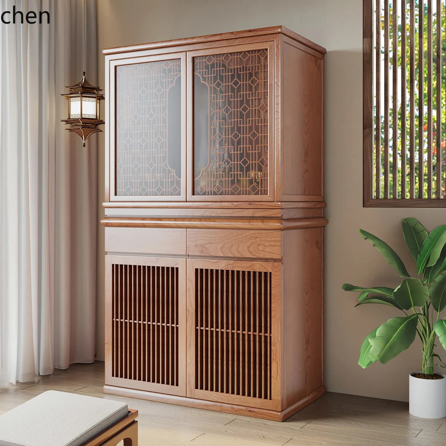 New Chinese-style standing cabinet with hidden door and carved images of Bodhisattva and Guanyin