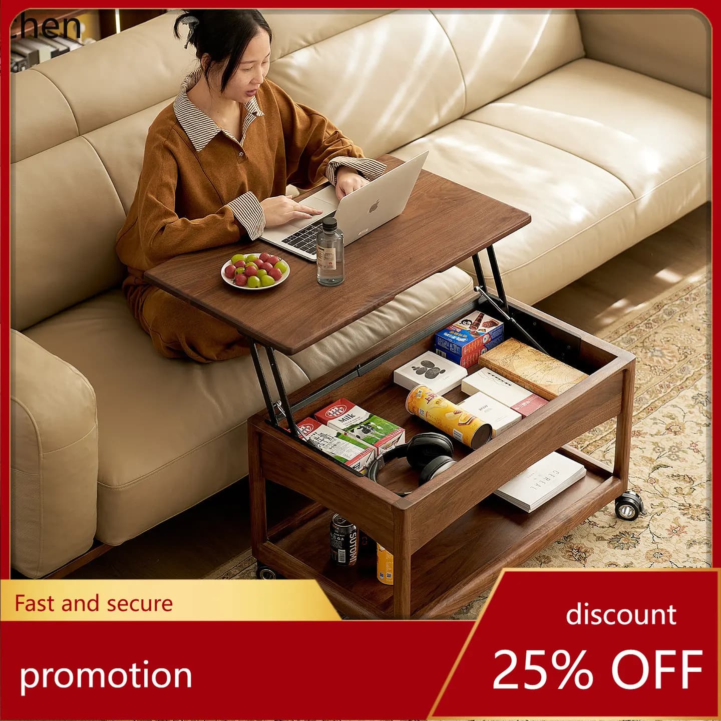 ZML Movable Coffee Table Living Room Home Solid Wood Lifting Side Table Sofa Small Side Table