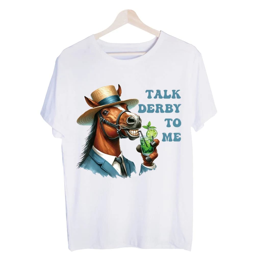 Men's Horse in Derby Hat with Drink Graphic Tee, Short Sleeve Crew Neck T-Shirt for Casual Summer Outfits