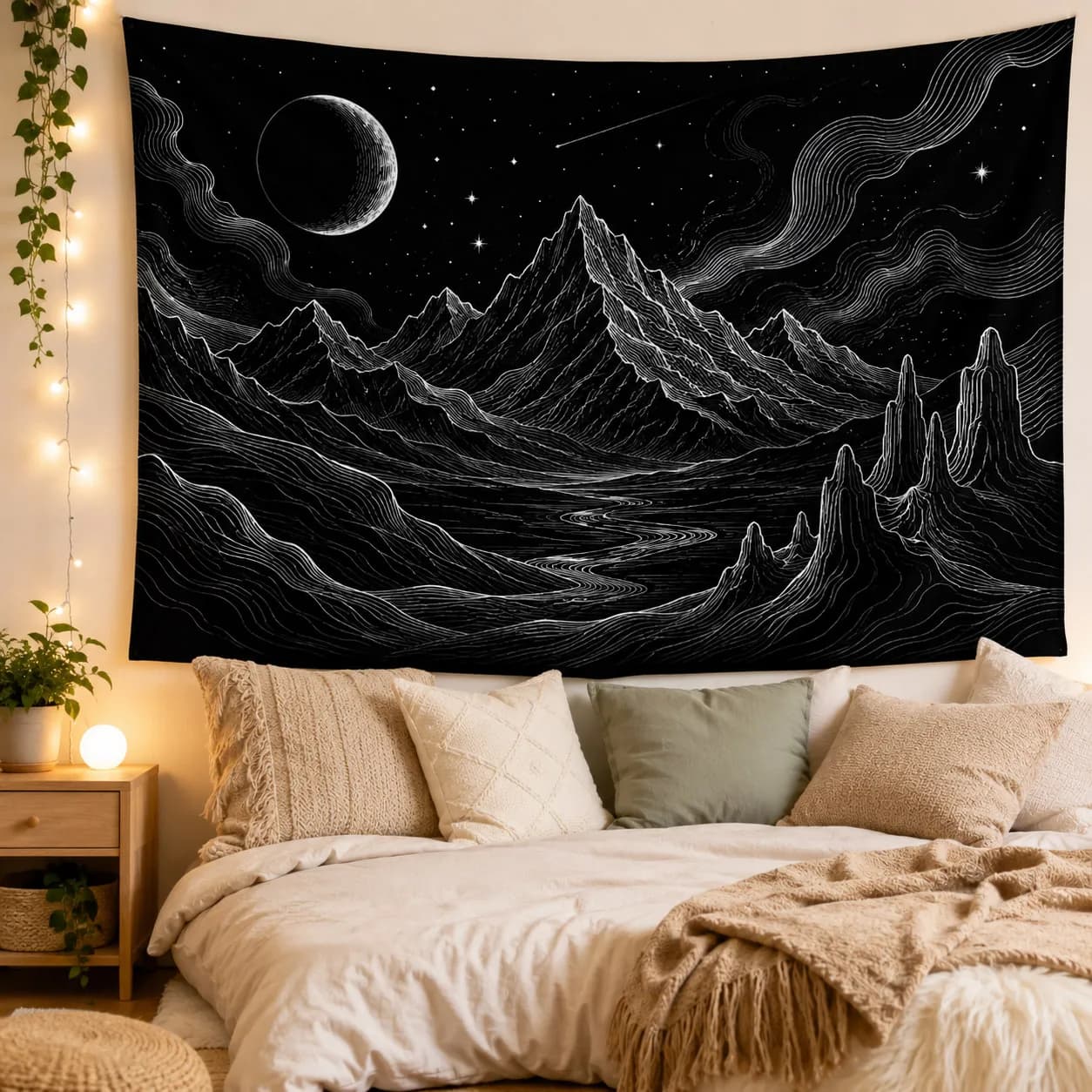 Black Mountain Tapestry Moon Starry Sky Line Art Wall Hanging Gothic Landscape Wall Decor for Bedroom Dorm Living Rooms Home Art