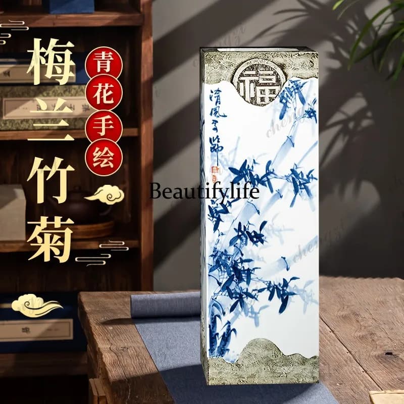 Jingdezhen ceramic high-end hand-painted vase Meilan bamboo chrysanthemum square vase living room