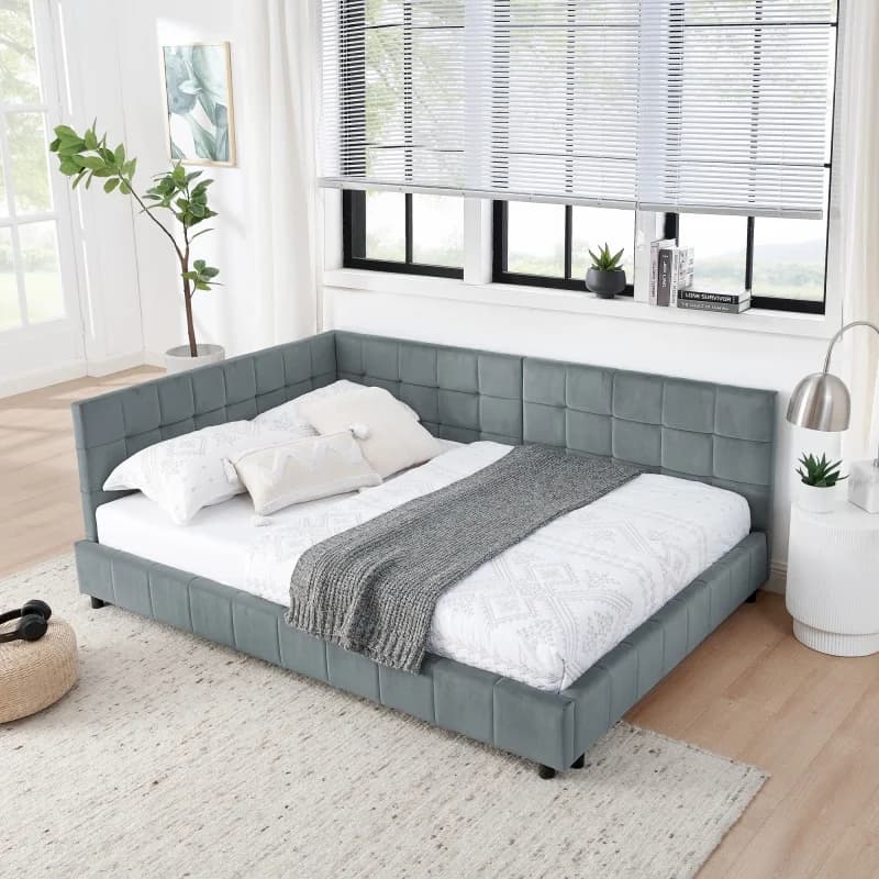 High quality modern full size grey comfortable backrest armrest velvet tufted upholstered bed frame