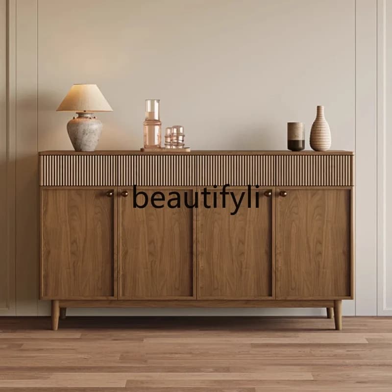 D38Medieval style all-solid wood dining side cabinet, walnut partition cabinet, retro new Chinese storage cabinet