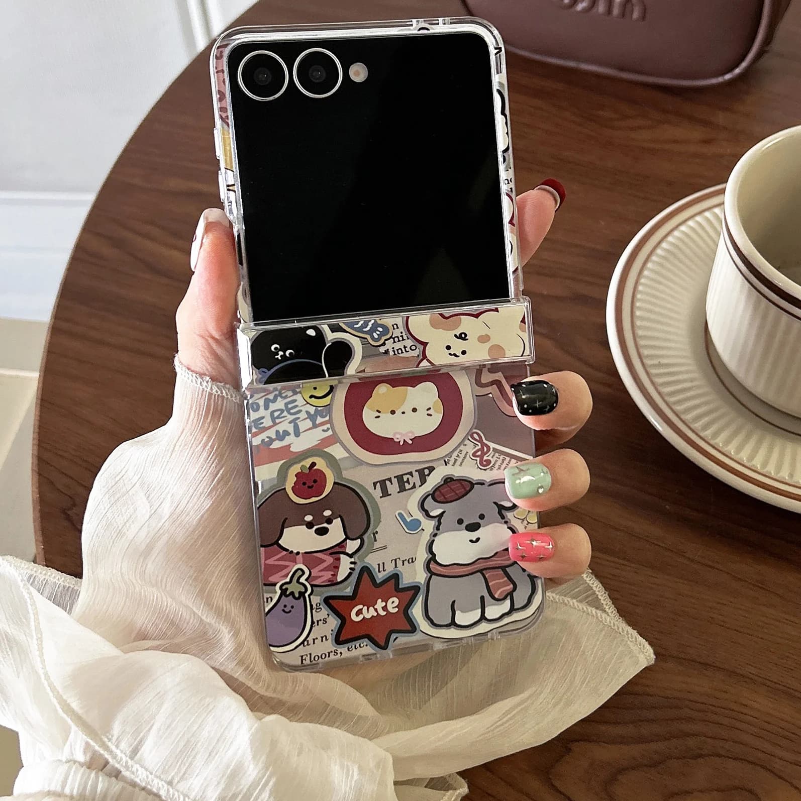 Kawaii Cartoon Puppy Kitten Sticker Printed Phone Case for Samsung Galaxy Z Flip 7-3 Bear Heart Star Bead Strap Protective Cover