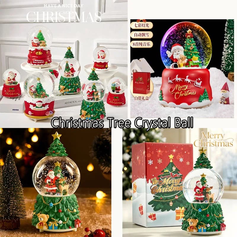 Christmas tree, crystal ball, music box, gift, elderly person, drifting snow, rotating decoration ornament, Christmas gift