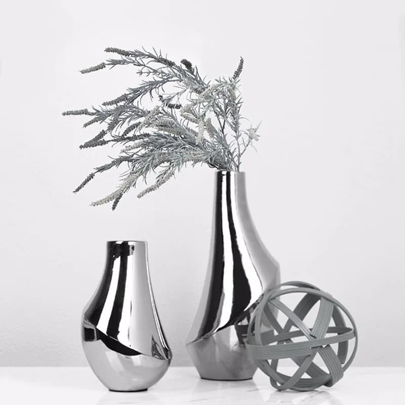 Simple Modern Home Decor Ceramic Resin Mirror Shaped Electroplating Silver Vase Simulation Living Room Decorations Flower Pot