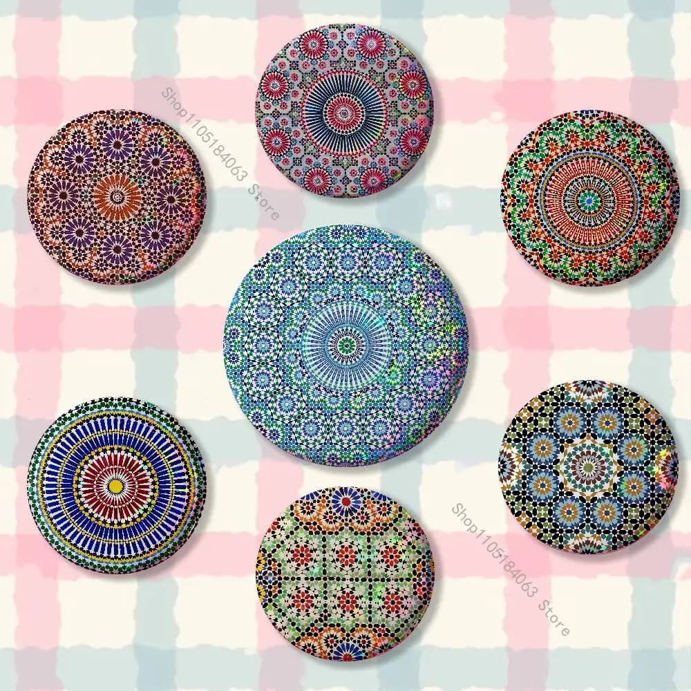 M-Moroccan Tile style Badges Button Round Creative Pin Brooch Badge Bag Decor Fans Collect Friends Gifts
