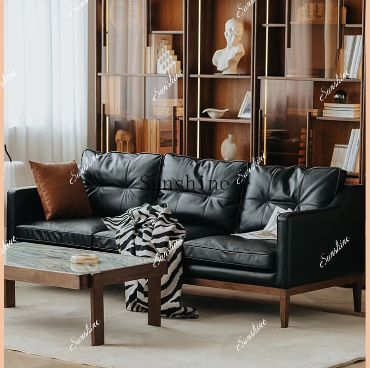 Living room single/three people first layer oil wax leather black medieval large sofa size apartment  FT