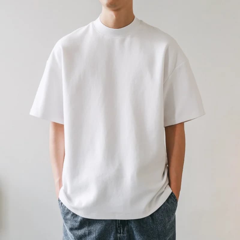 American Classical Small Neck T-shirt 300g Heavy 100% Cotton Short Sleeve T-shirt Men's Summer Leisure Loose Basic Top Tees