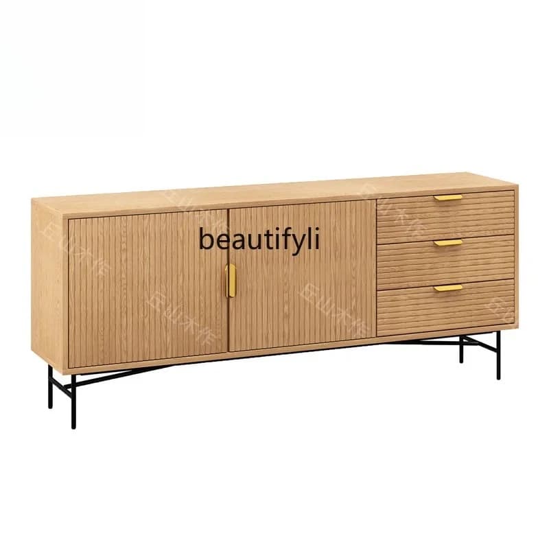 Japanese-Style Solid Wood Grille Sideboard Cabinet Nordic Black Walnut Tea Cabinet Modern Minimalist Oak Wall-Mounted Storage