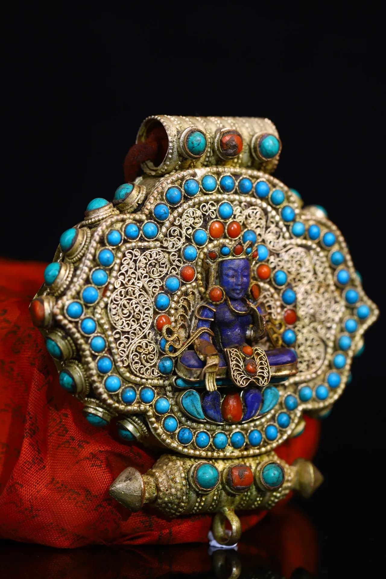 12"Tibetan Temple Collection Old Tibetan silver Gilt Mosaic Gem Turquoise Manjushri Bodhisattva Buddha Gawu Box Worship Hall