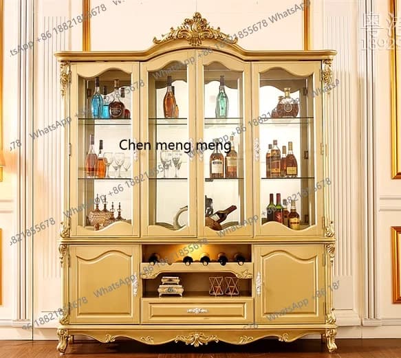 European wine cabinet solid wood carving flower villa furniture decorative cabinet champagne gold locker