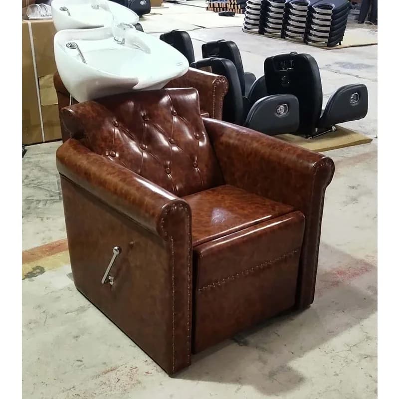 Antique Style Leather Tufted Brown Washing Chair Shampoo Bowl With Chair