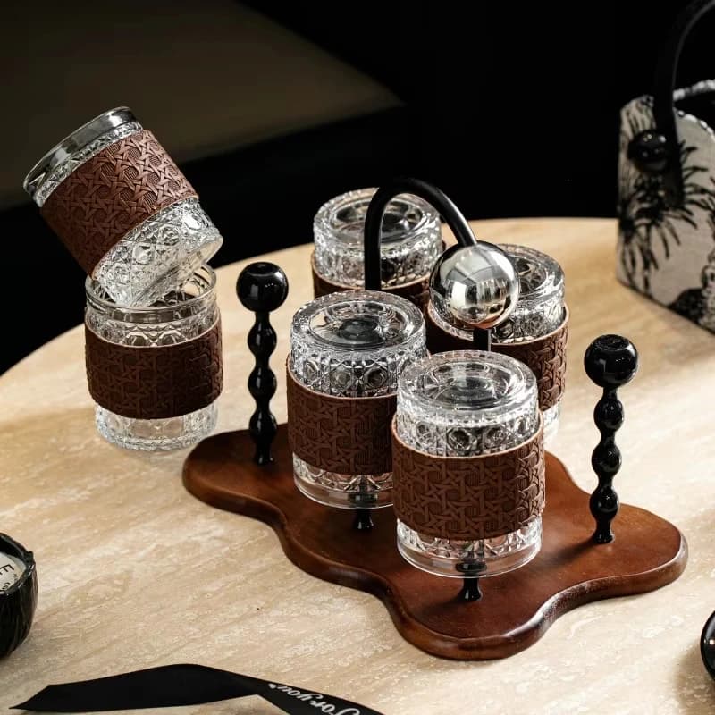 Acacia wood woven leather glass without handle and lid water cup holder tray set