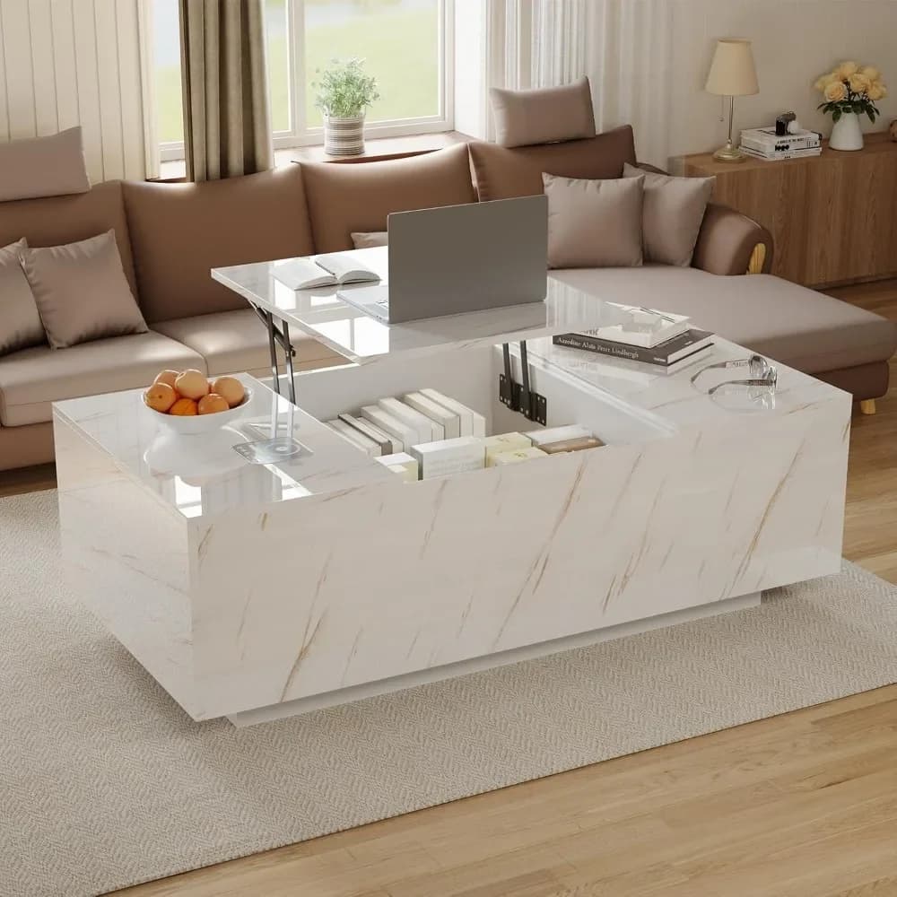 Lift Top Coffee Table with Storage, Modern High Glossy LED Coffee Tables with Wireless Charging and Speaker