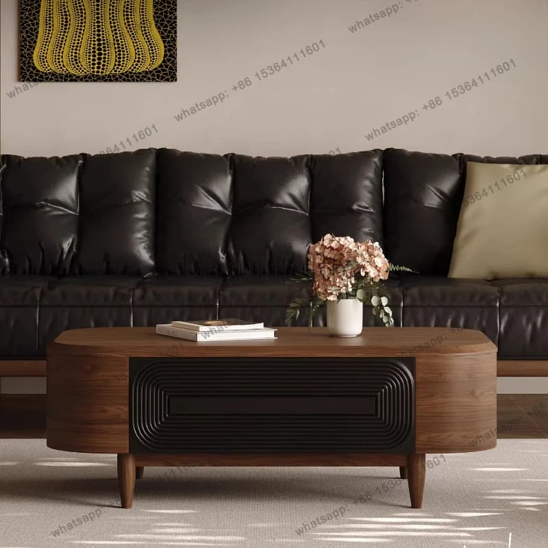 Medieval style coffee table combination living room household oval solid wood walnut pattern retro creative light luxury