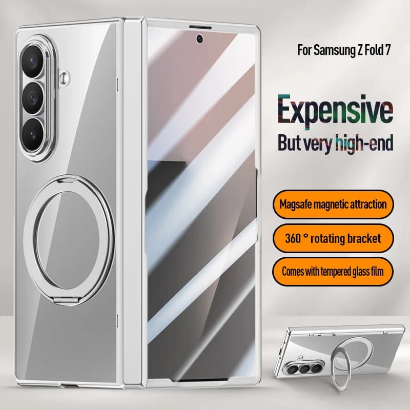 For Samsung Galaxy Z Fold7 Phone Case 360 Swivel Bracket Magnetic Tempered Glass Film For Magsafe Transparent Plated Frame Cover