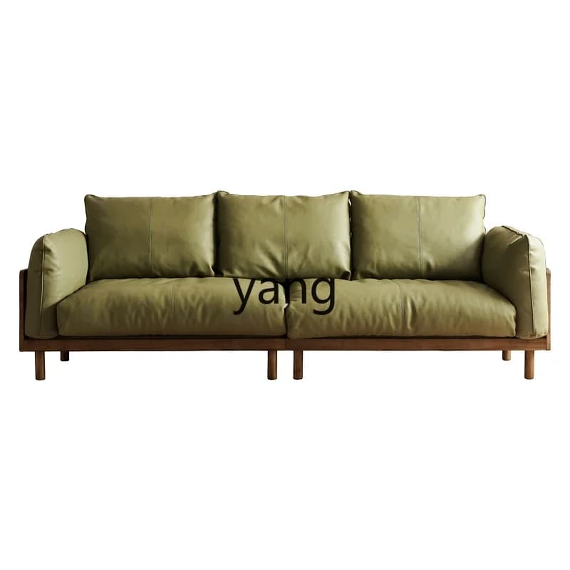 LH solid wood retro style leather sofa small apartment living room three people straight row sofa