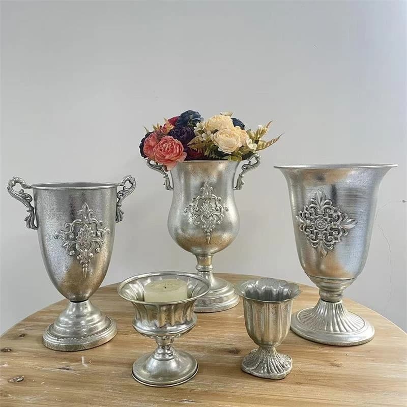 European Style Antique Style Vase Dry Flower Pot Wedding Hotel Home Decoration Ornament Old Silver Wrought Iron Vases Home Decor