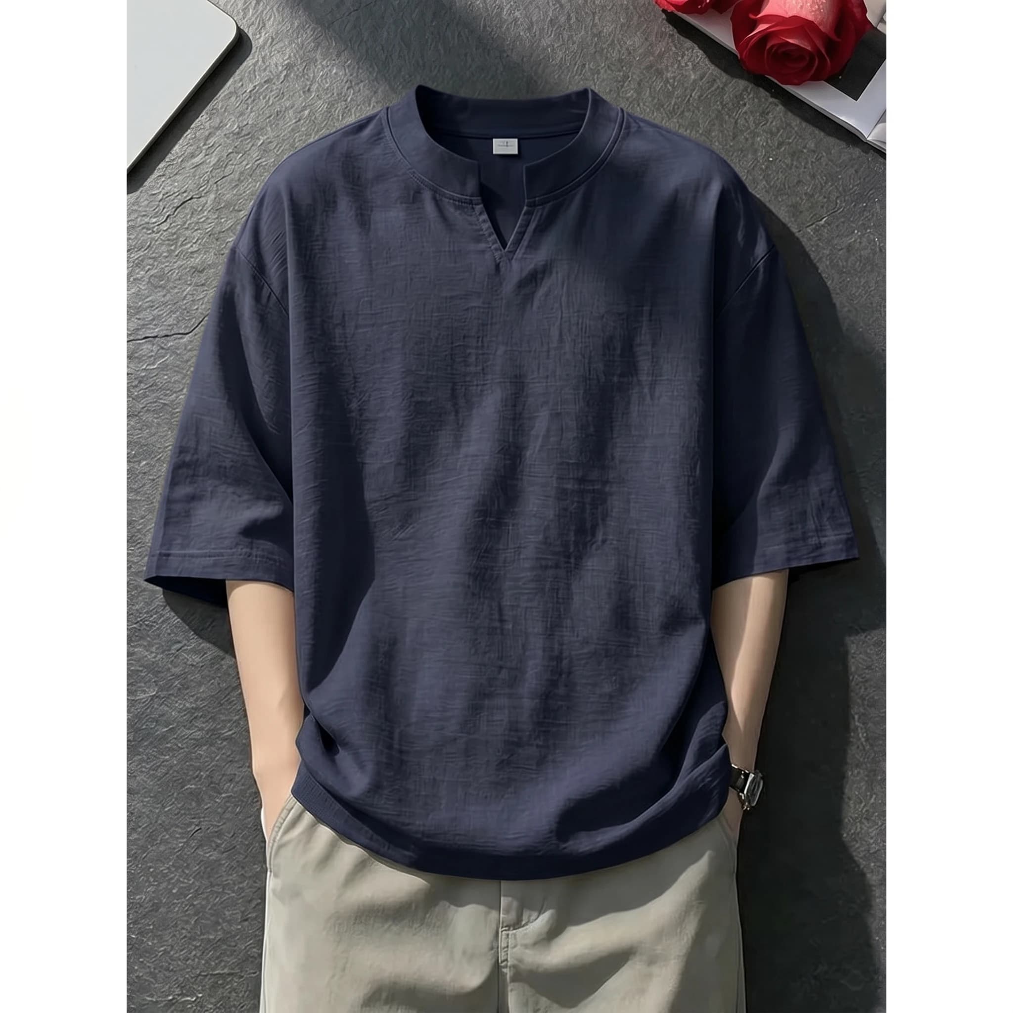 2026 Summer Men's Fashion Casual Silk-Like Hemp Short-Sleeved T-Shirt Lightweight and Breathable with Small V-Neck Top
