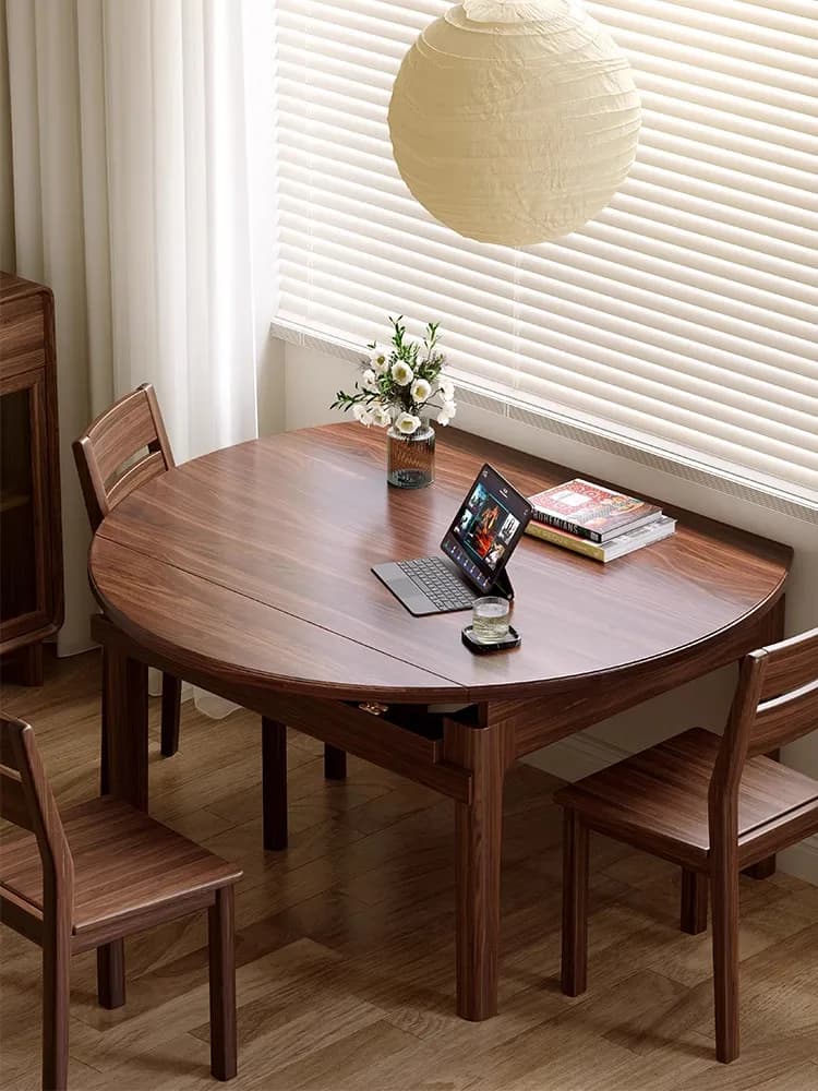 LH solid wood dining table and chairs household small apartment telescopic folding variable round table eating table