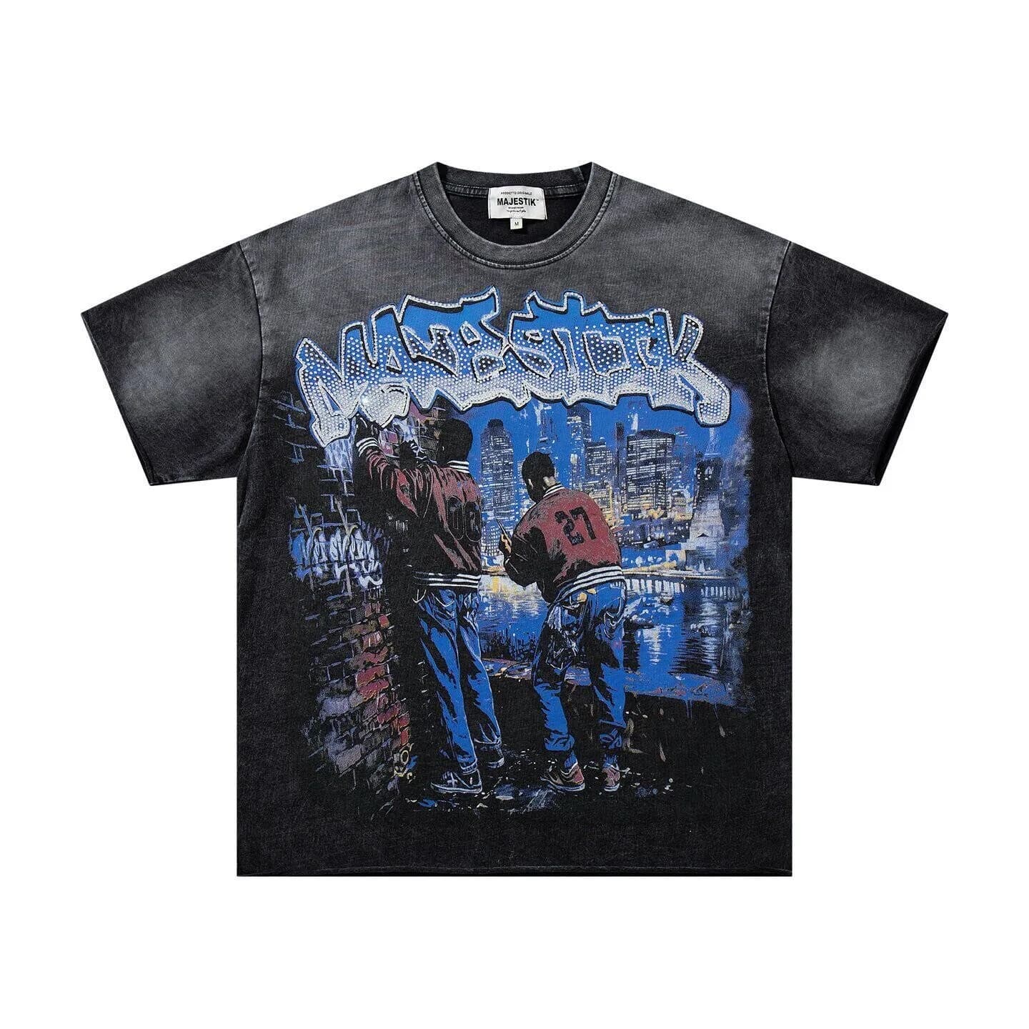 MAJESTIK Hip-Hop distressed rolled-edge short-sleeved T-shirt trendy brand with glittered letter print and loose fit top