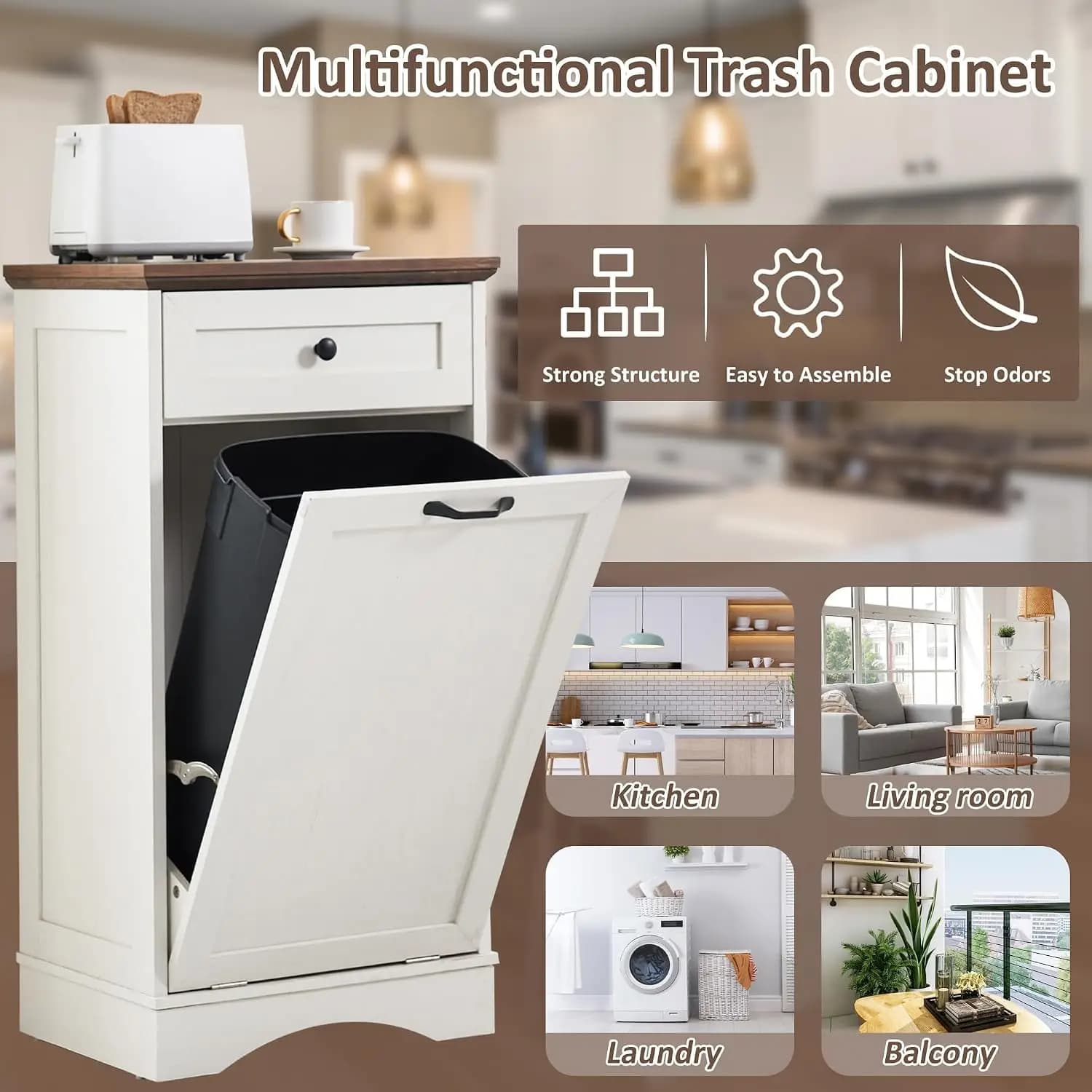 13 Gallons Tilt Out Trash Can Cabinet Freestanding Antique White