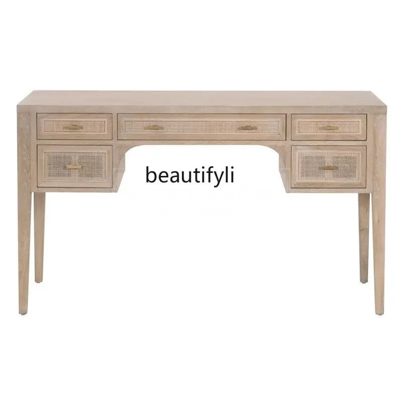 American retro solid wood desk computer desk antique rattan home simple modern desk