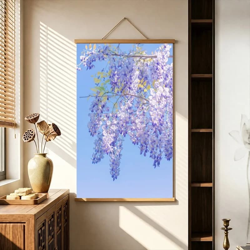 Wall Decorations Lotus Ponds Wisteria and Spring Gardens, Soft Botanical Pearlescent Canvas Wall Hanging Scroll for Spa Lounge